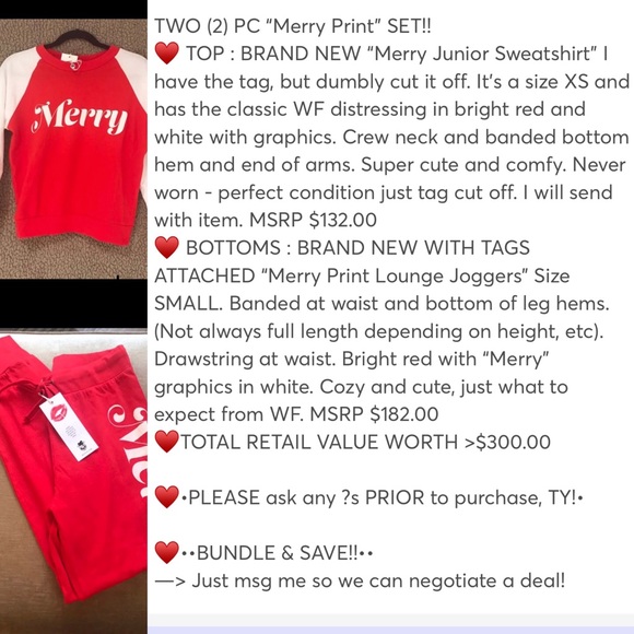 🦊 Wildfox MERRY Jogger Two Pc Set Red & White - Picture 5 of 8